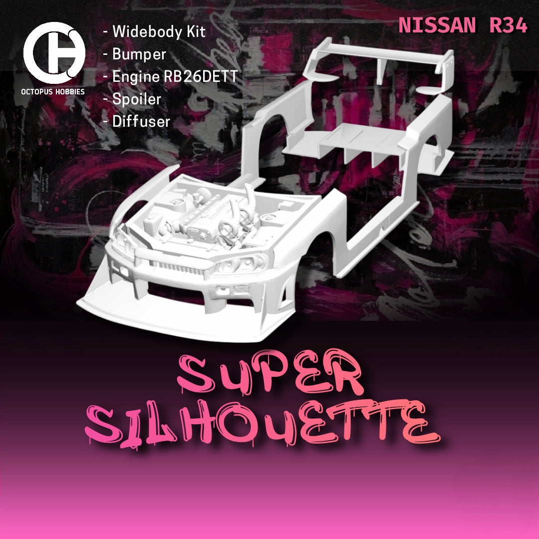Wide Body Kit Super Silhouette Full Set Nissan R34 Hotwheels.